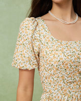 Yellow Floral Puffed Sleeve Midi Dress - Threadford