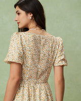 Yellow Floral Puffed Sleeve Midi Dress - Threadford