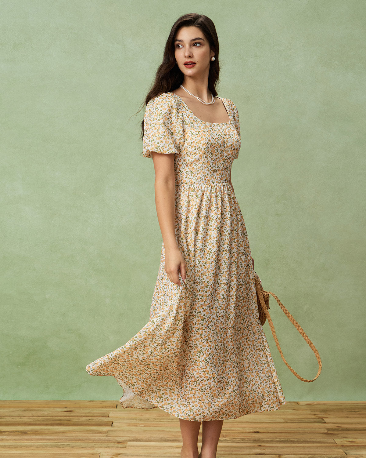 Yellow Floral Puffed Sleeve Midi Dress - Threadford