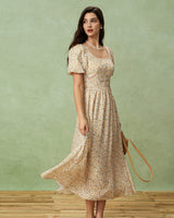 Yellow Floral Puffed Sleeve Midi Dress - Threadford