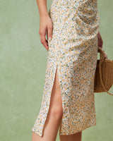 Yellow Floral Ruched Slip Midi Dress - Threadford