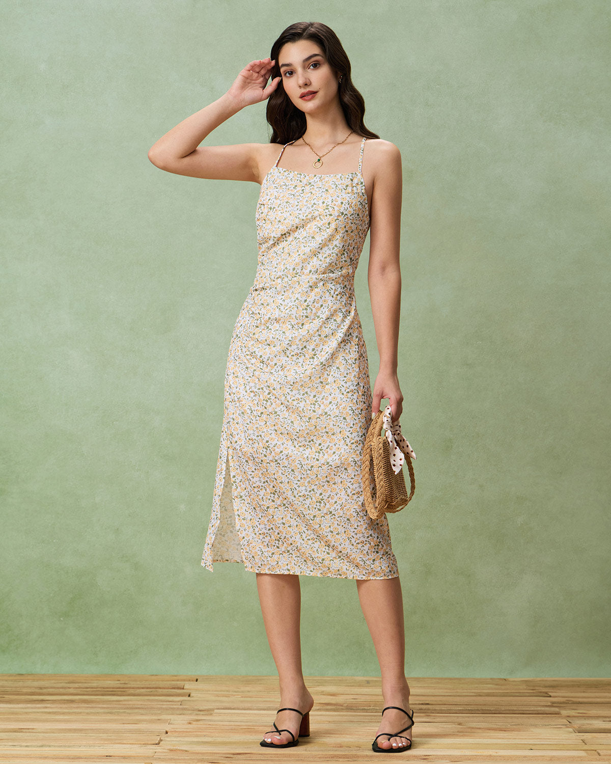 Yellow Floral Ruched Slip Midi Dress - Threadford