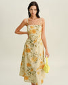 Yellow Floral Shirred Slip Midi Dress - Threadford