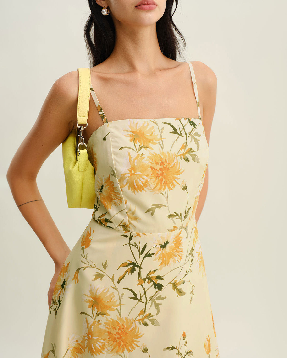 Yellow Floral Shirred Slip Midi Dress - Threadford