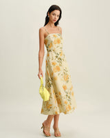 Yellow Floral Shirred Slip Midi Dress - Threadford