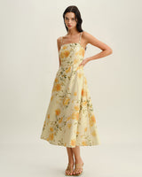 Yellow Floral Shirred Slip Midi Dress - Threadford