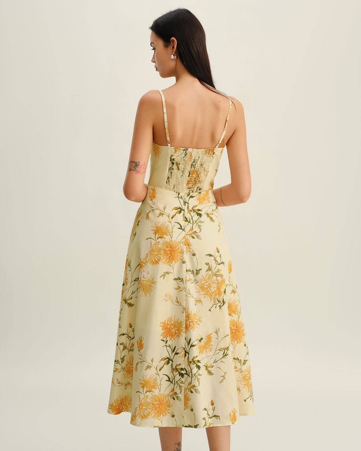 Yellow Floral Shirred Slip Midi Dress - Threadford