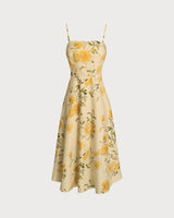 Yellow Floral Shirred Slip Midi Dress - Threadford