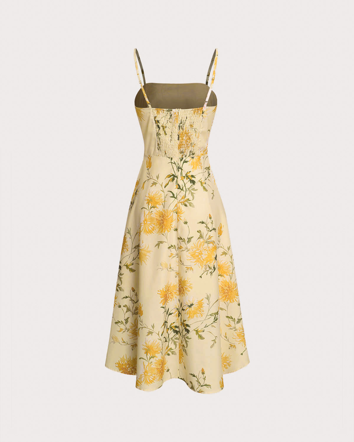 Yellow Floral Shirred Slip Midi Dress - Threadford