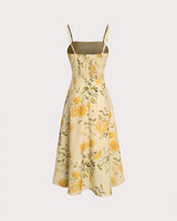Yellow Floral Shirred Slip Midi Dress - Threadford