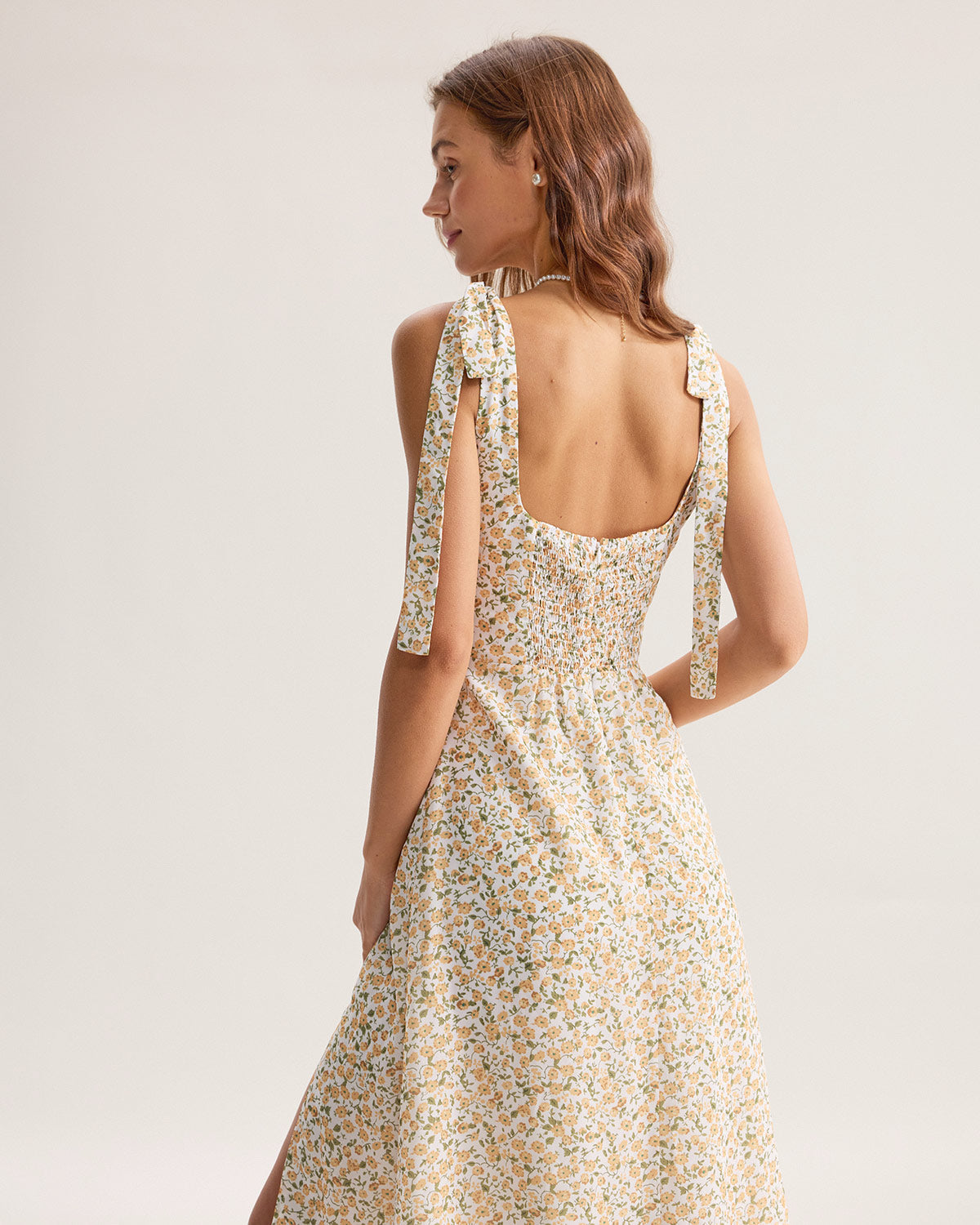 Yellow Floral Shirred Slip Midi Dress - Threadford