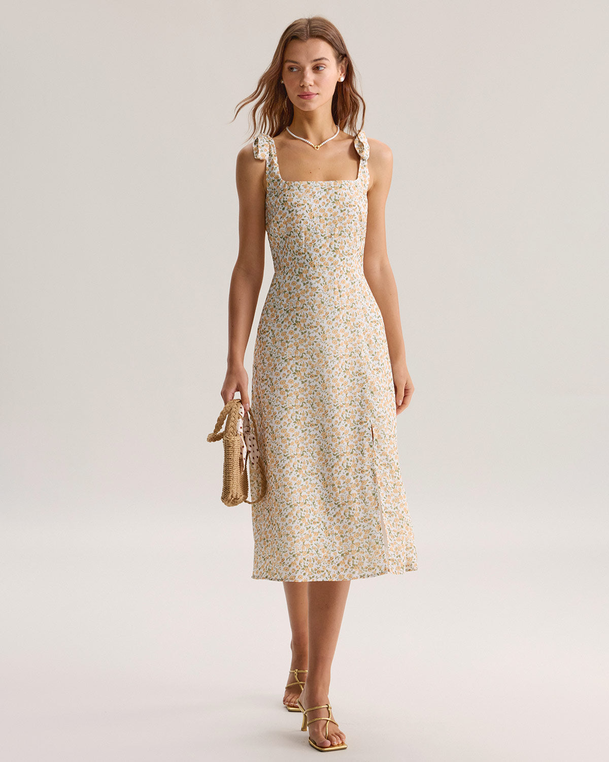 Yellow Floral Shirred Slip Midi Dress - Threadford