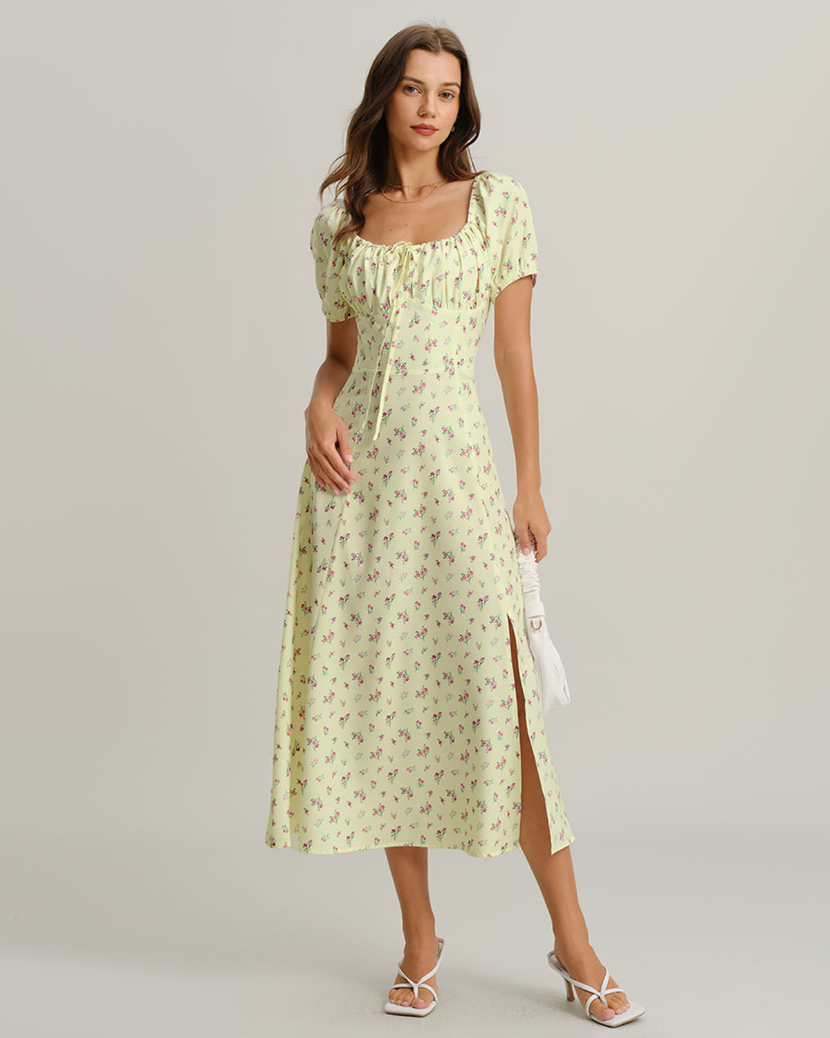 Yellow Floral Square Neck Puffed Sleeve Midi Dress - Threadford