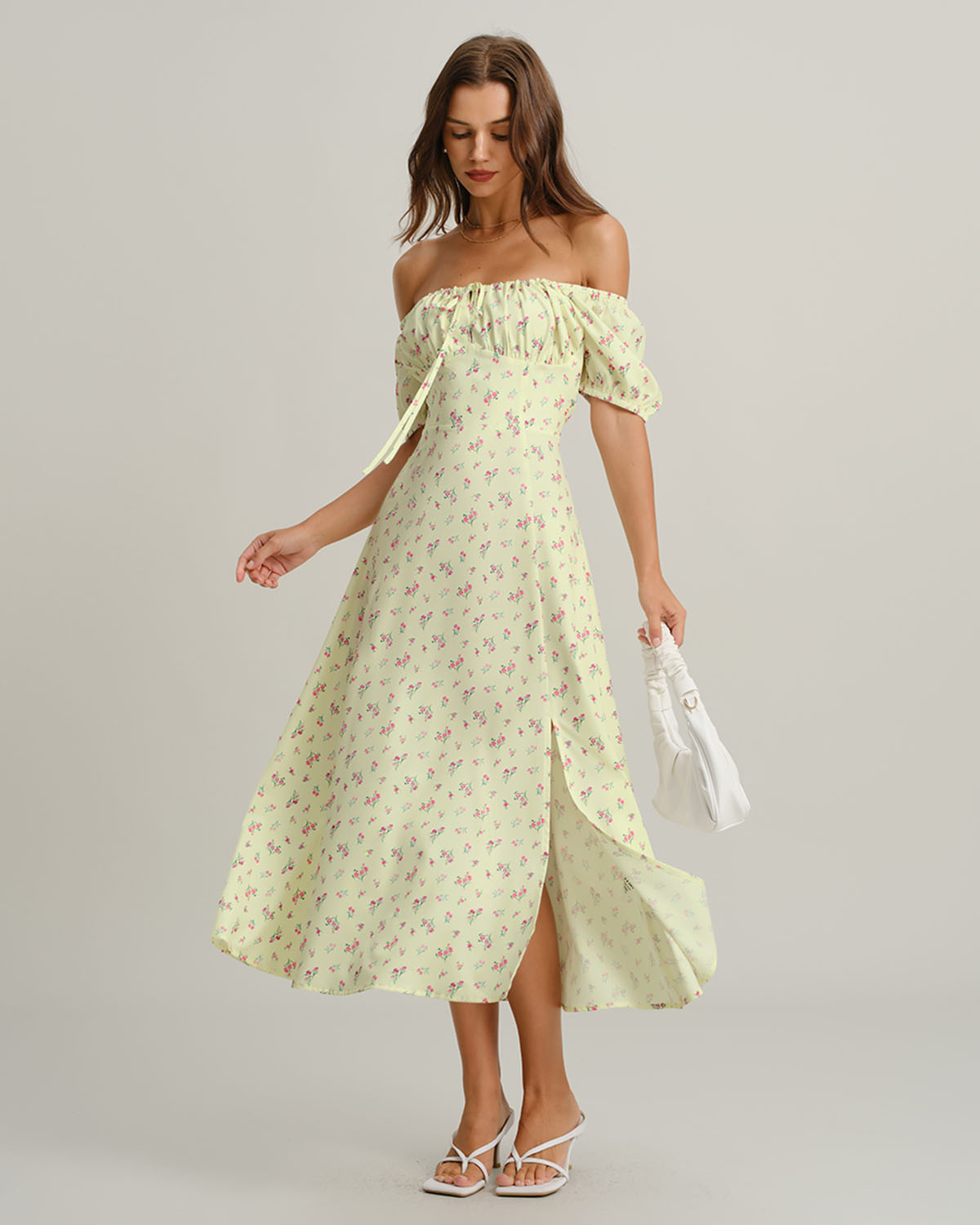 Yellow Floral Square Neck Puffed Sleeve Midi Dress - Threadford