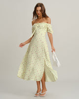 Yellow Floral Square Neck Puffed Sleeve Midi Dress - Threadford