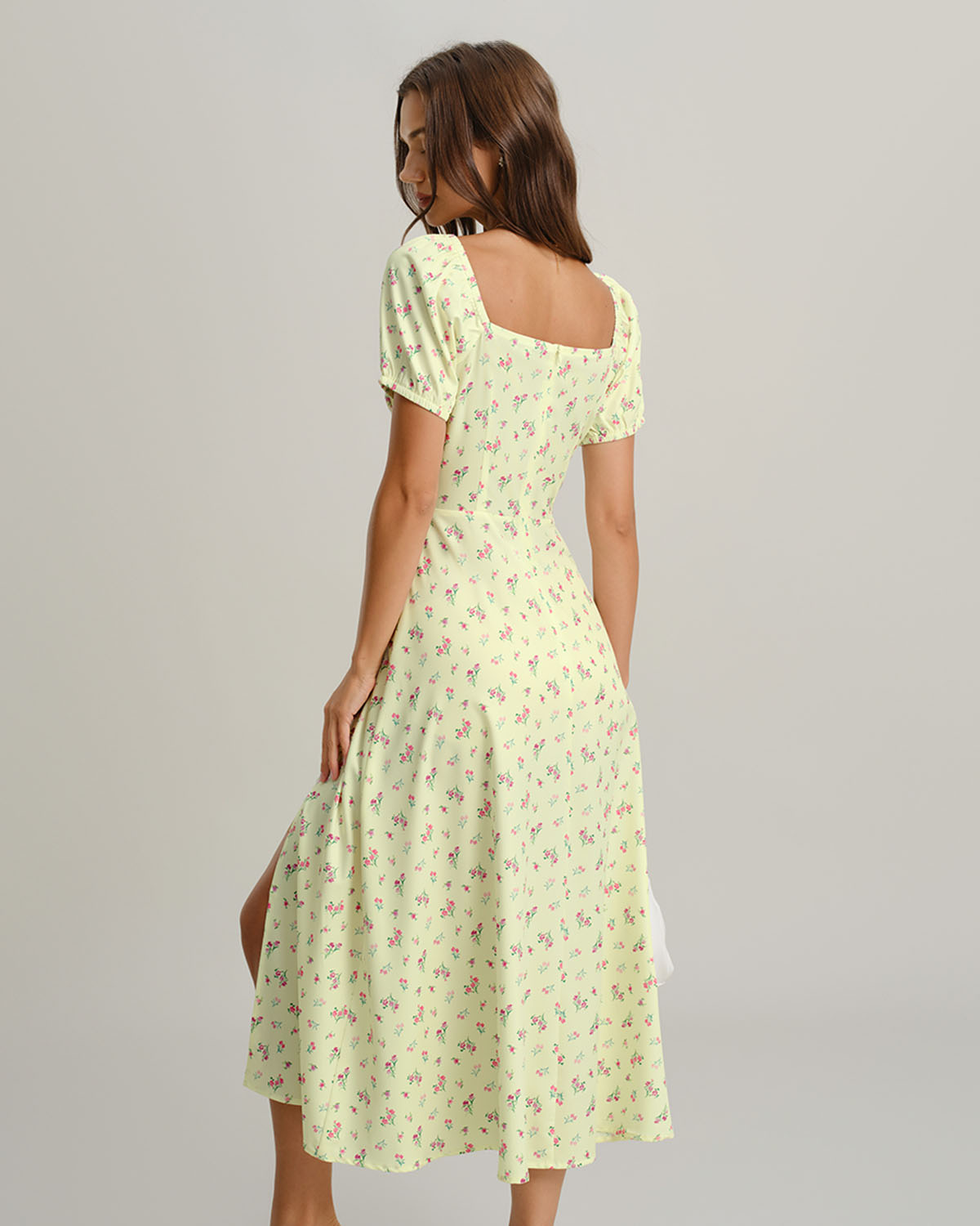 Yellow Floral Square Neck Puffed Sleeve Midi Dress - Threadford