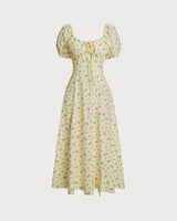 Yellow Floral Square Neck Puffed Sleeve Midi Dress - Threadford