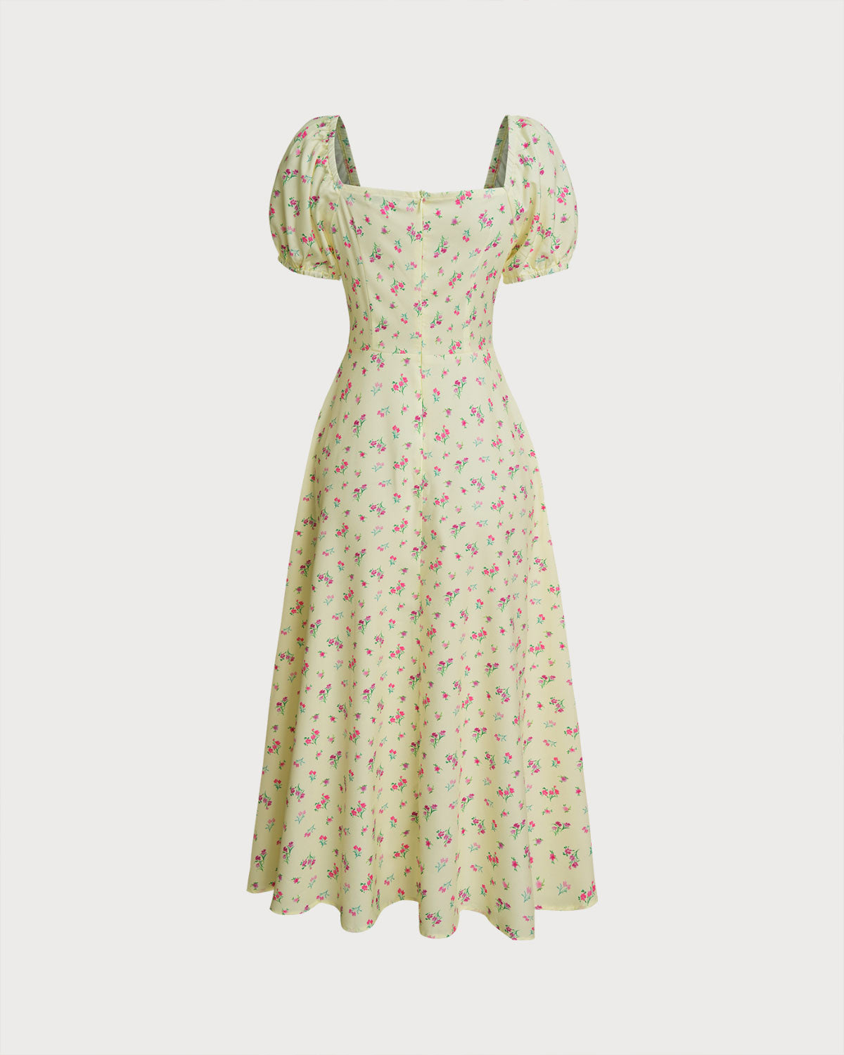 Yellow Floral Square Neck Puffed Sleeve Midi Dress - Threadford