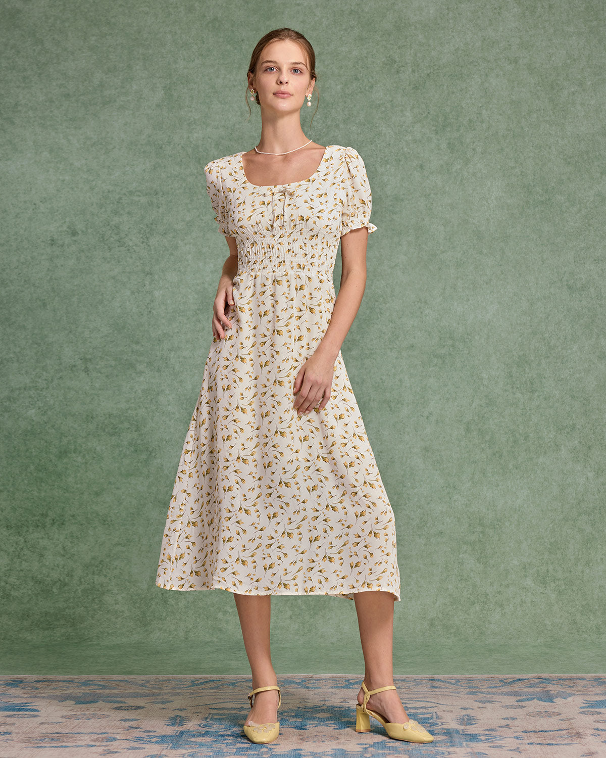 Yellow Floral Square Neck Shirred Midi Dress - Threadford