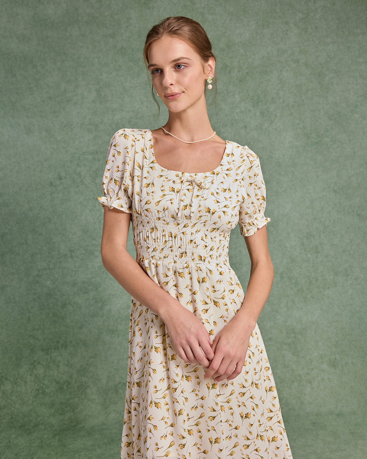 Yellow Floral Square Neck Shirred Midi Dress - Threadford