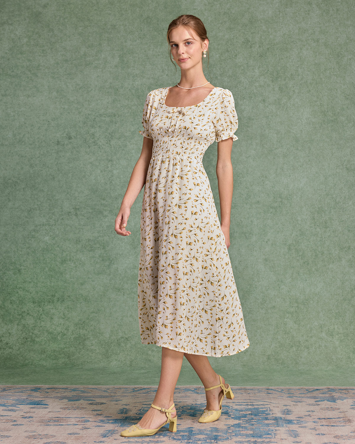 Yellow Floral Square Neck Shirred Midi Dress - Threadford