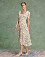 Yellow Floral Square Neck Shirred Midi Dress - Threadford