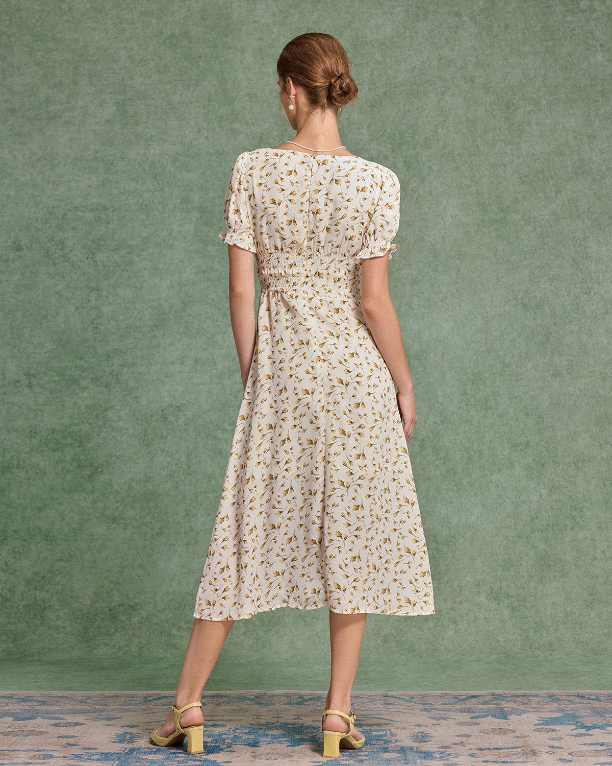 Yellow Floral Square Neck Shirred Midi Dress - Threadford