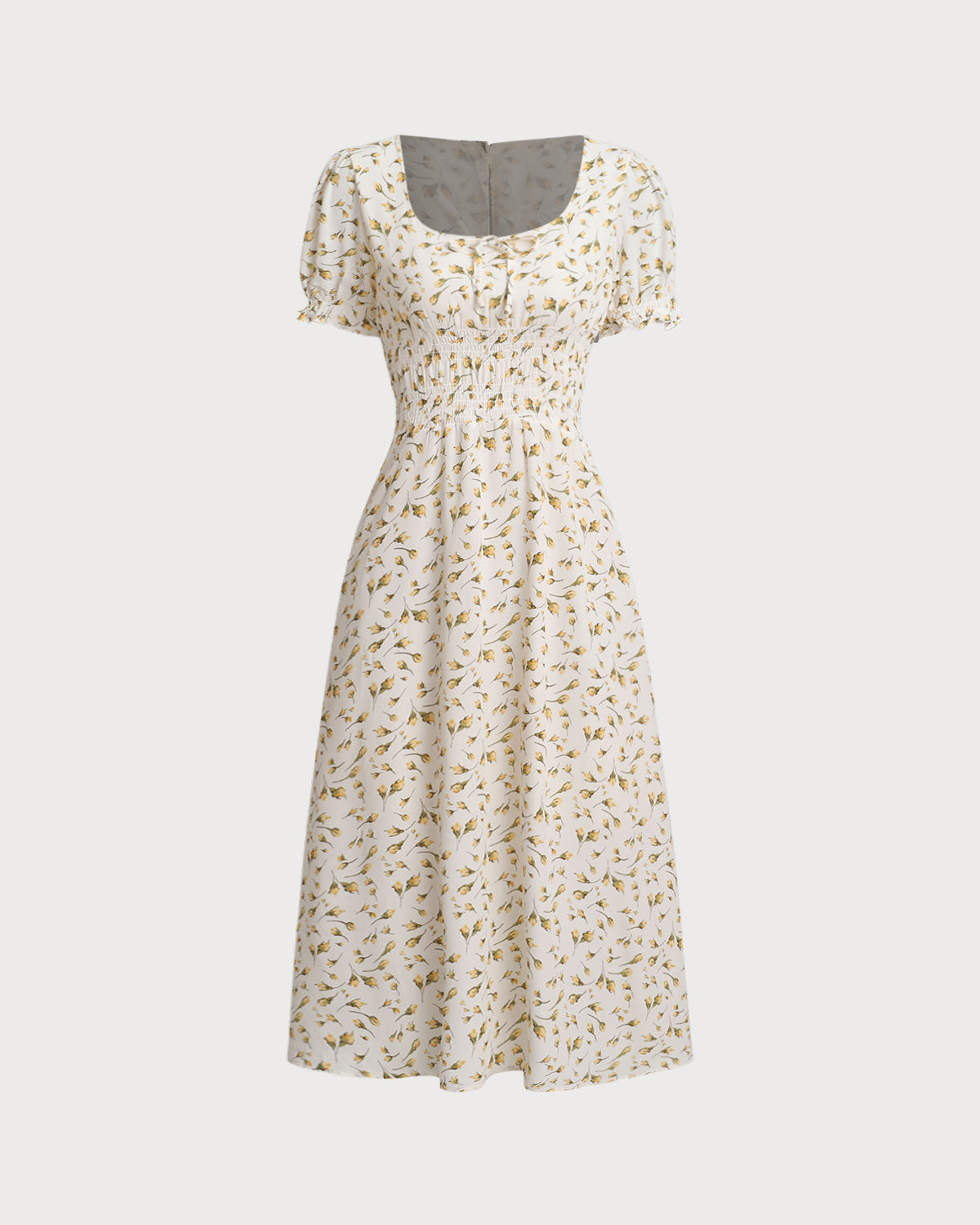 Yellow Floral Square Neck Shirred Midi Dress - Threadford