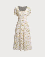 Yellow Floral Square Neck Shirred Midi Dress - Threadford