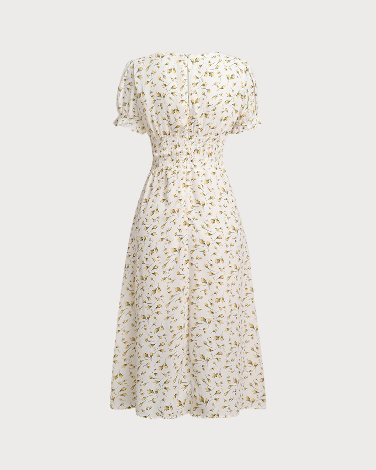 Yellow Floral Square Neck Shirred Midi Dress - Threadford