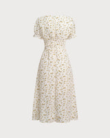 Yellow Floral Square Neck Shirred Midi Dress - Threadford