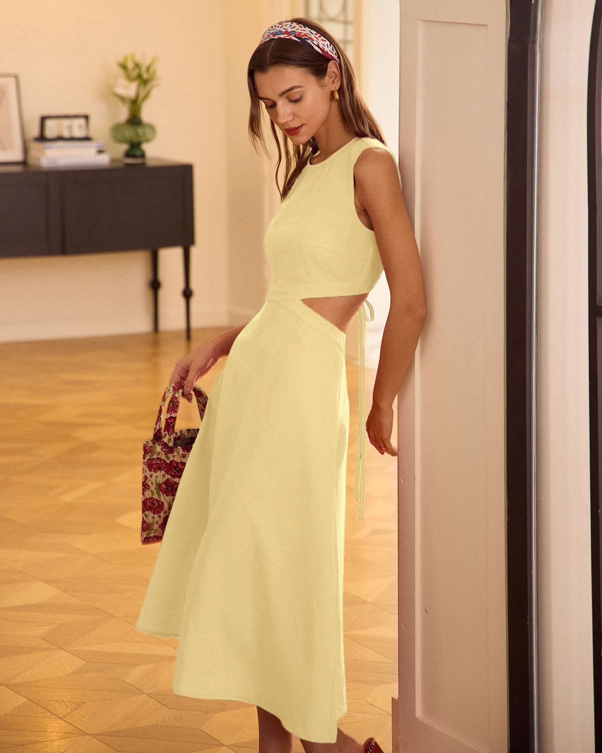 Yellow Round Neck Cut-Out Midi Dress - Threadford