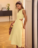 Yellow Round Neck Cut-Out Midi Dress - Threadford