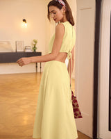 Yellow Round Neck Cut-Out Midi Dress - Threadford
