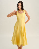 Yellow Square Neck Pleated Slip Midi Dress - Threadford