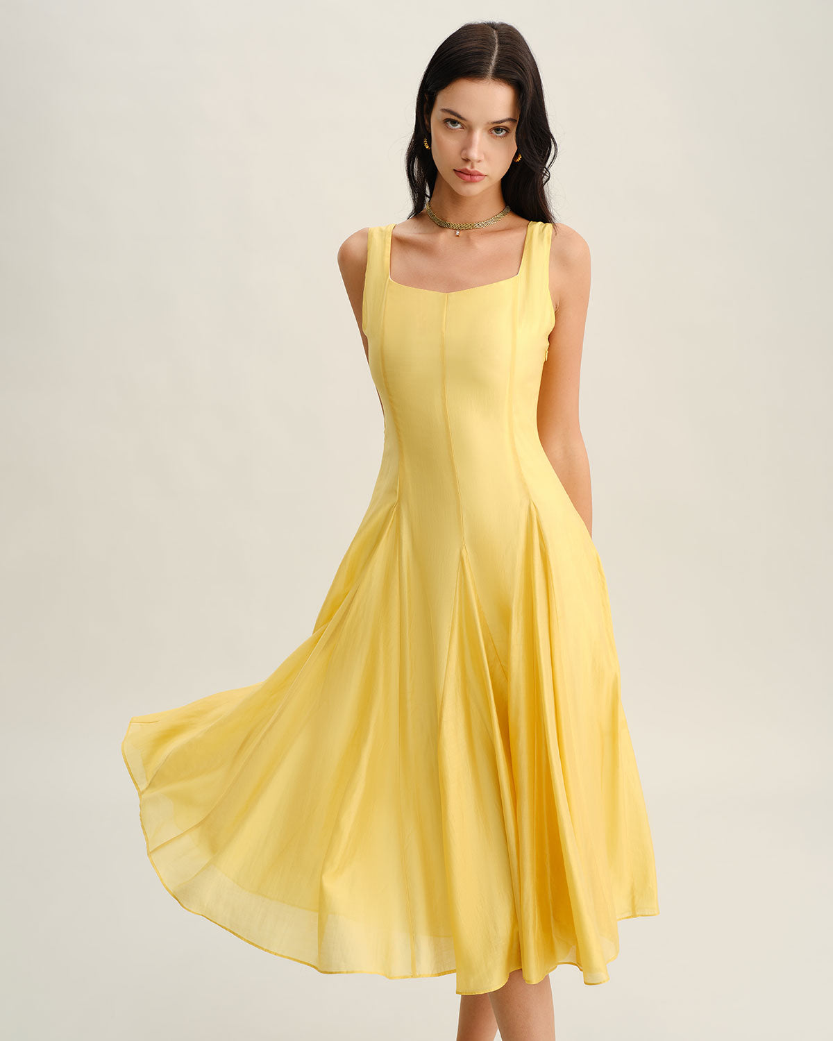 Yellow Square Neck Pleated Slip Midi Dress - Threadford