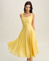 Yellow Square Neck Pleated Slip Midi Dress - Threadford