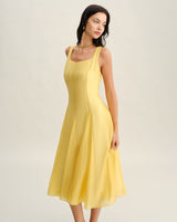 Yellow Square Neck Pleated Slip Midi Dress - Threadford