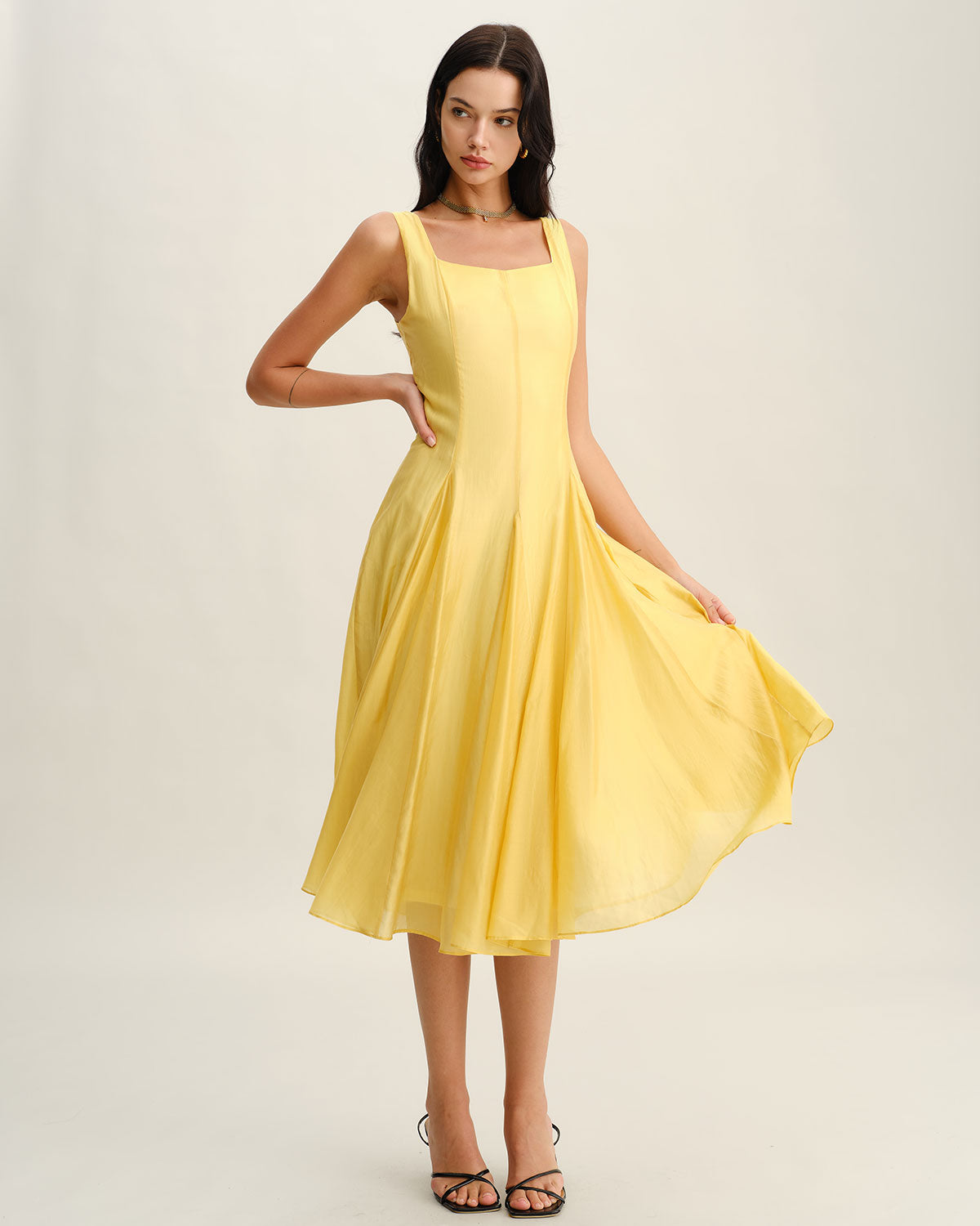 Yellow Square Neck Pleated Slip Midi Dress - Threadford