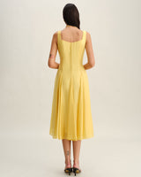 Yellow Square Neck Pleated Slip Midi Dress - Threadford