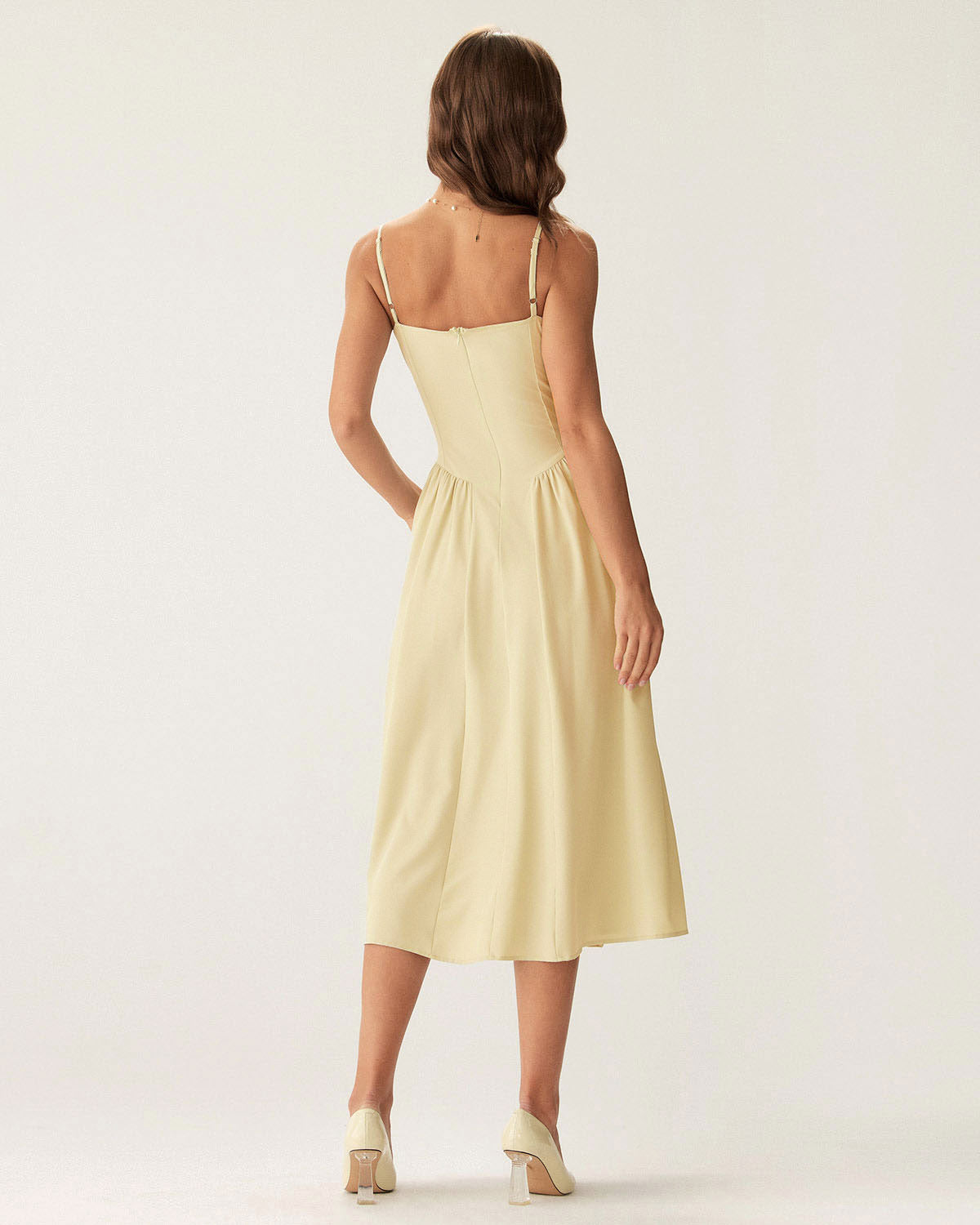 Yellow Square Neck Pocket Slip Midi Dress - Threadford
