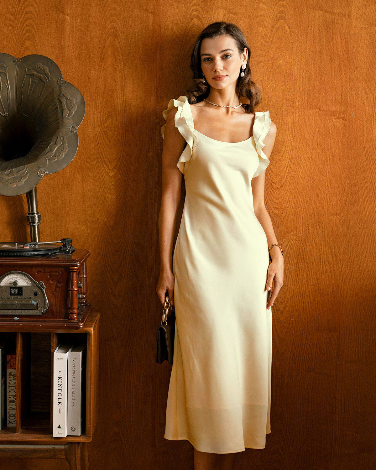 Yellow Square Neck Ruffle Satin Midi Dress - Threadford