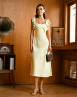 Yellow Square Neck Ruffle Satin Midi Dress - Threadford