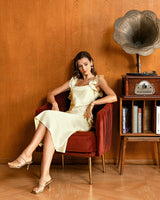 Yellow Square Neck Ruffle Satin Midi Dress - Threadford