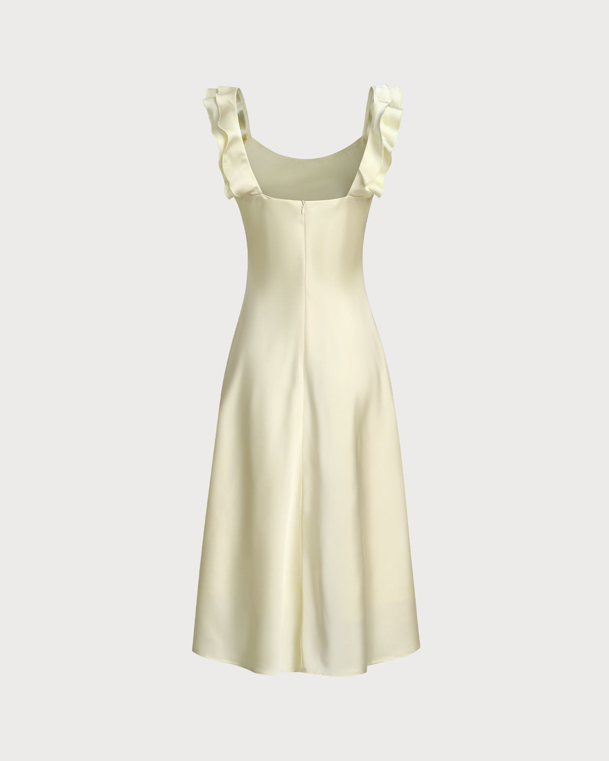 Yellow Square Neck Ruffle Satin Midi Dress - Threadford