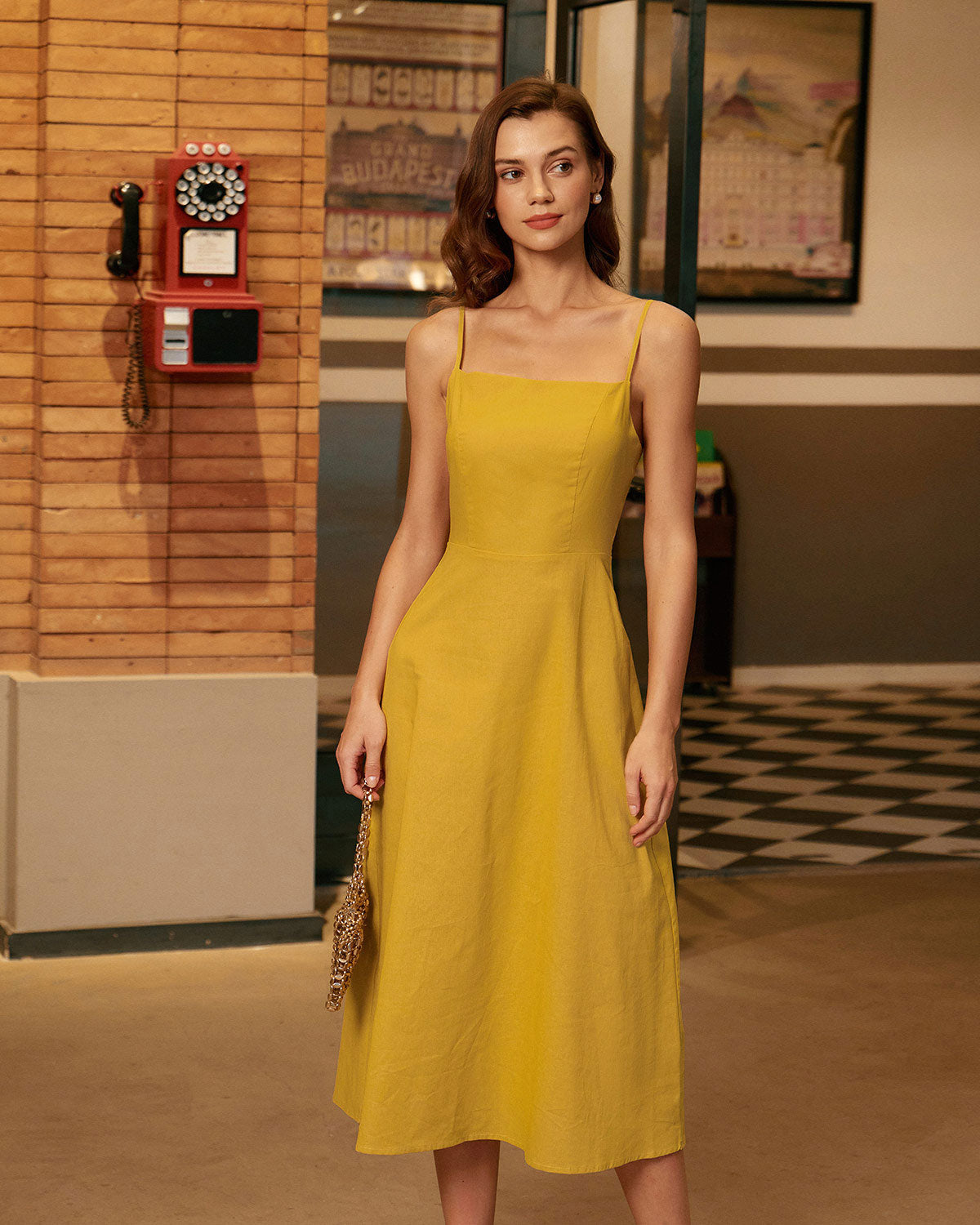 Yellow Square Neck Shirred Slip Midi Dress - Threadford