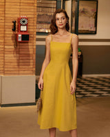 Yellow Square Neck Shirred Slip Midi Dress - Threadford
