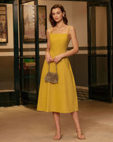 Yellow Square Neck Shirred Slip Midi Dress - Threadford