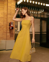 Yellow Square Neck Shirred Slip Midi Dress - Threadford