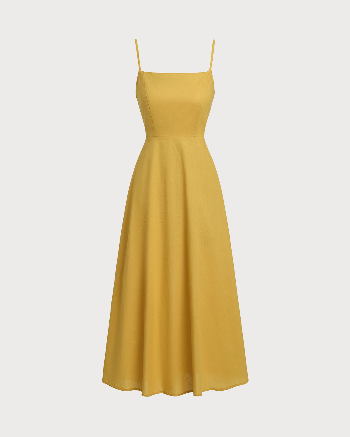 Yellow Square Neck Shirred Slip Midi Dress - Threadford